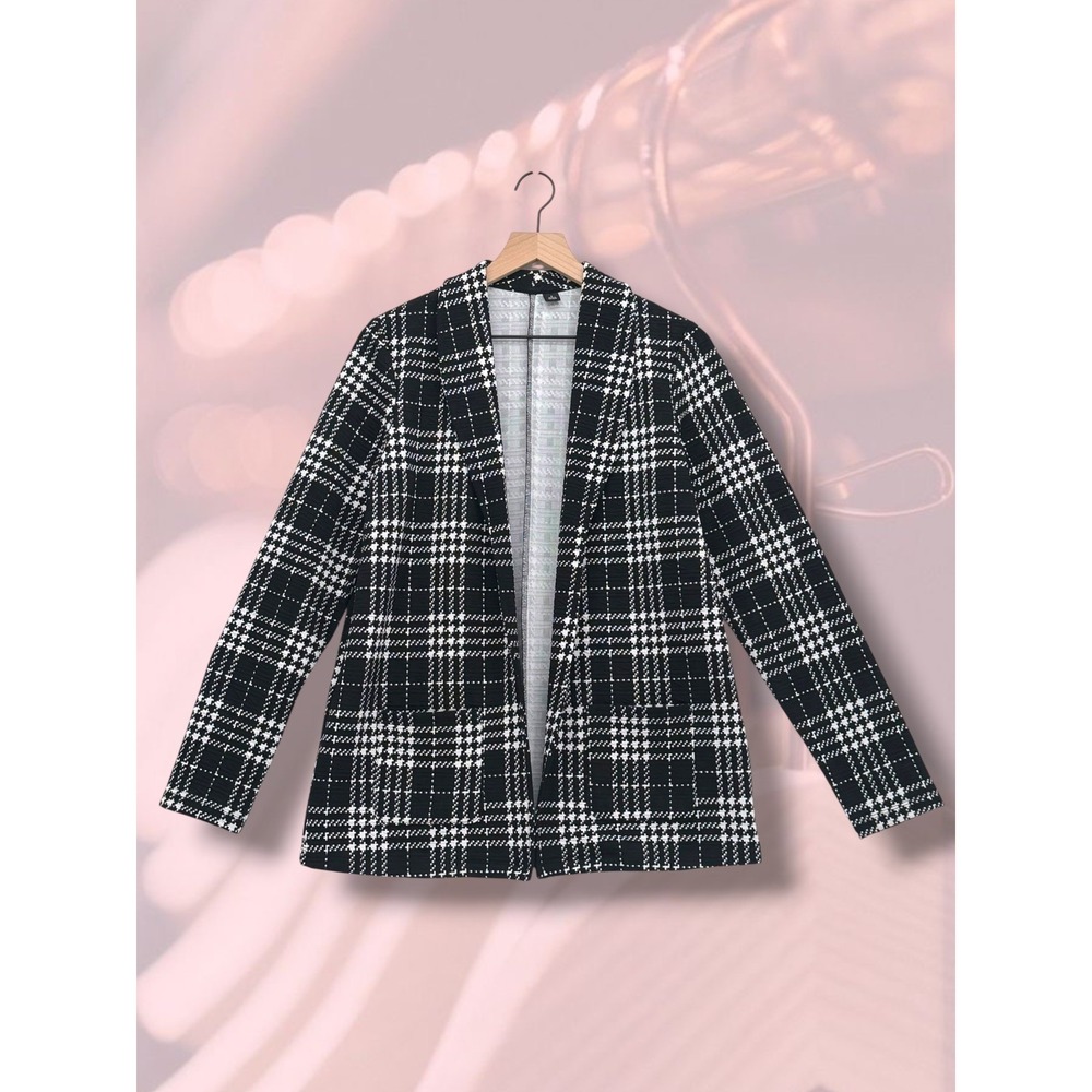 Black White Plaid Textured Knit Open Front Pocket Blazer Size S
